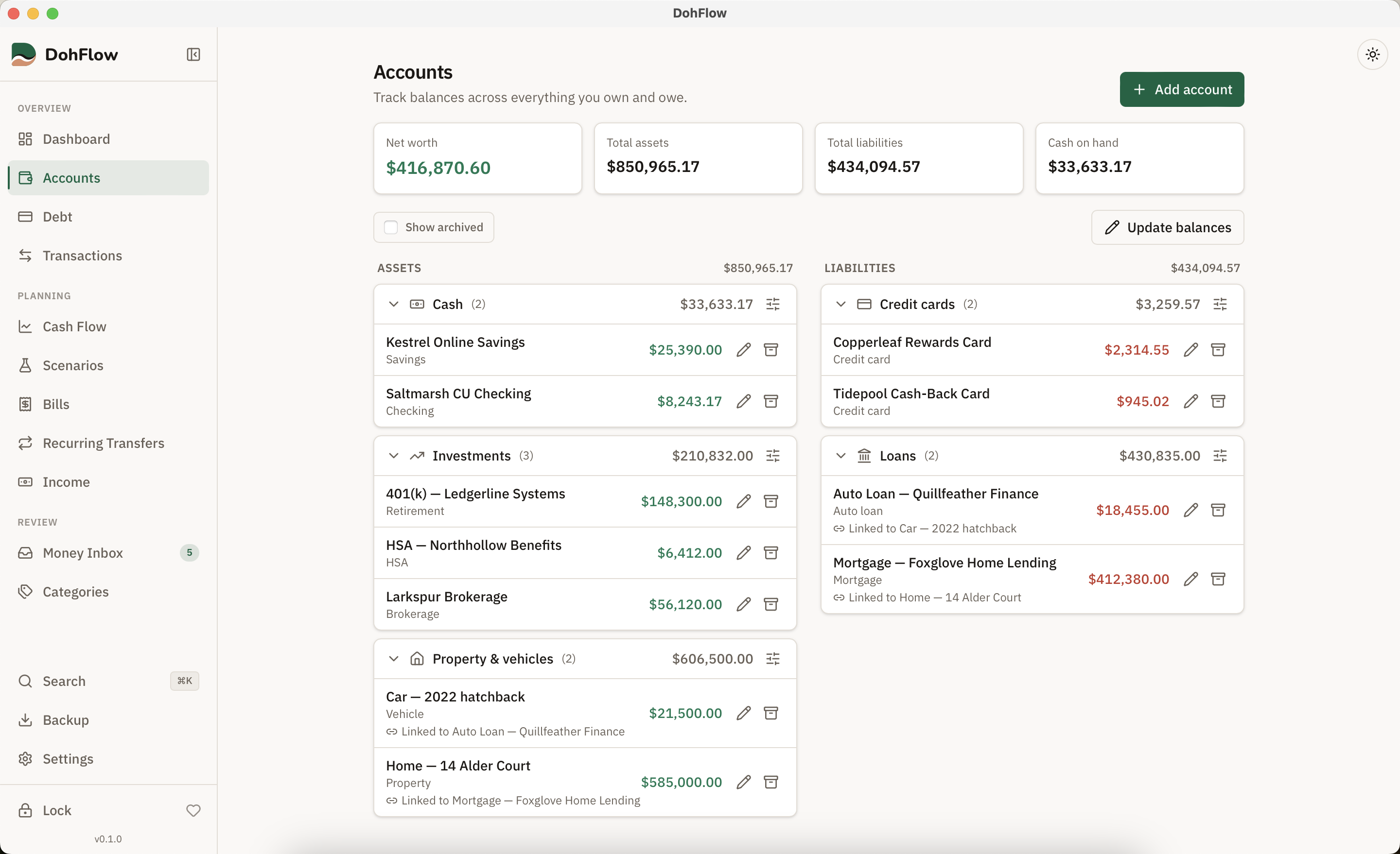 DohFlow's Accounts view, showing a car loan and a mortgage linked as debts against total net worth.