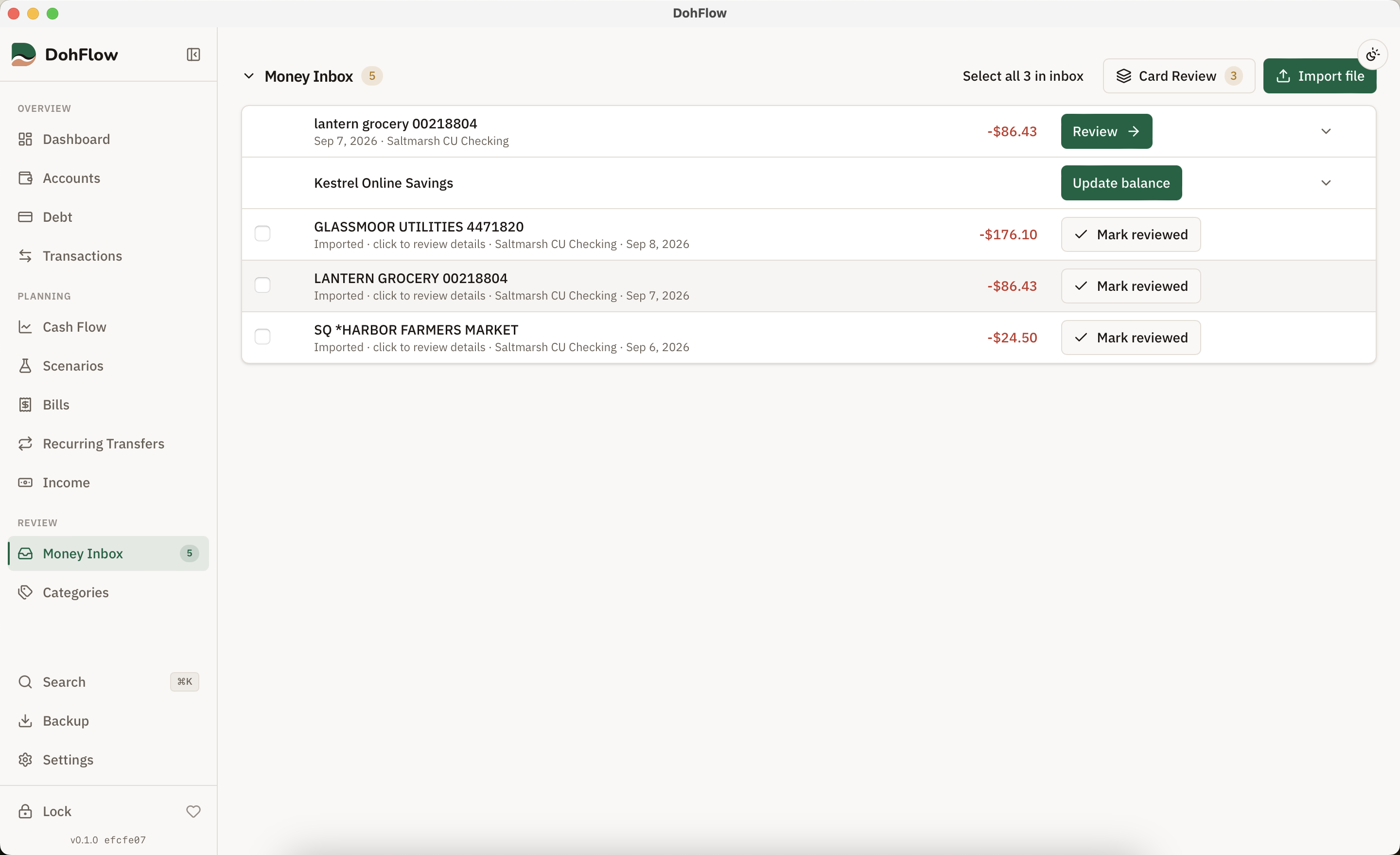 DohFlow's Money Inbox, listing a duplicate transaction to review, a stale account balance, and imported transactions awaiting categorization.