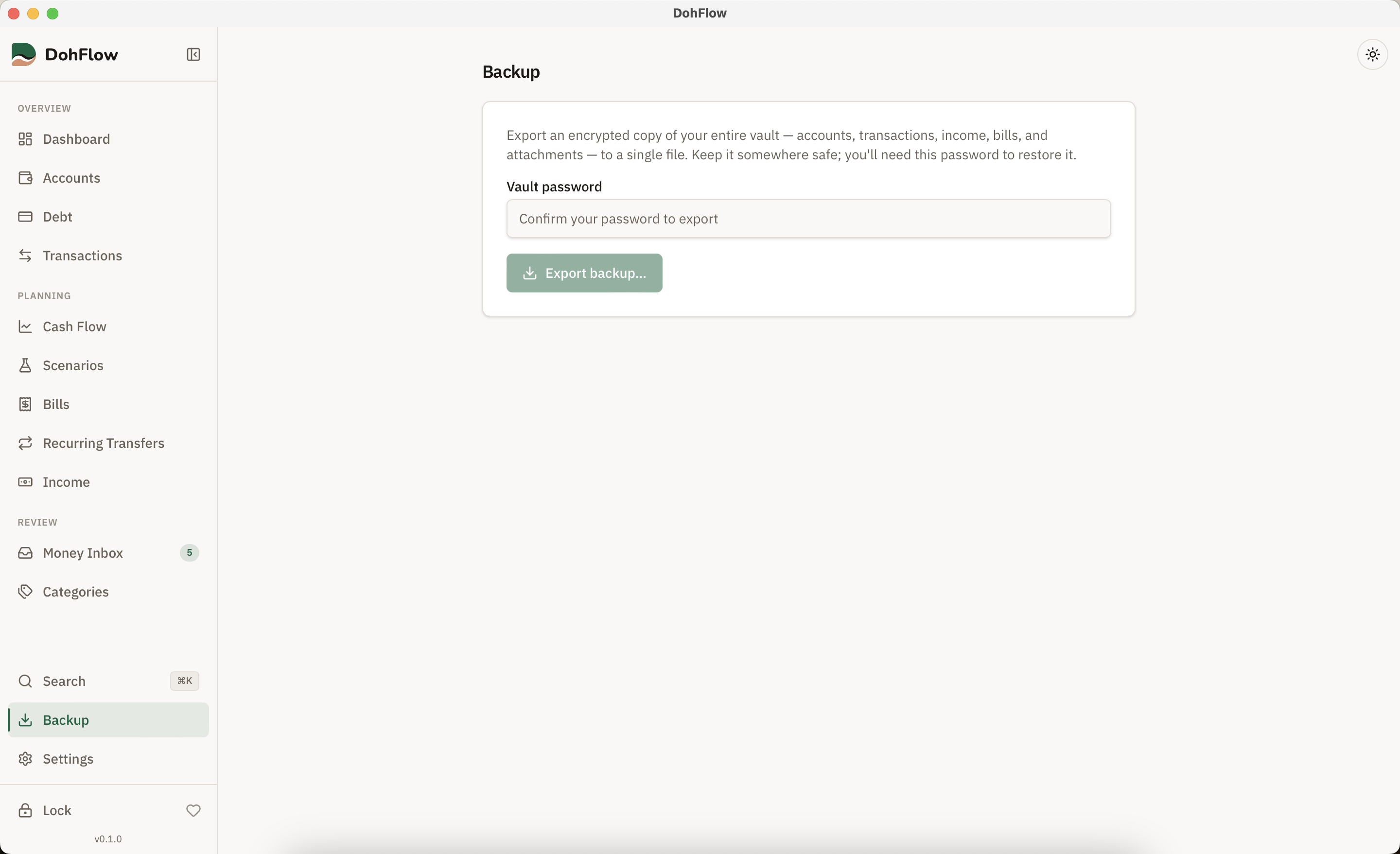 DohFlow's vault Backup screen, showing the encrypted export option with no account data on screen.
